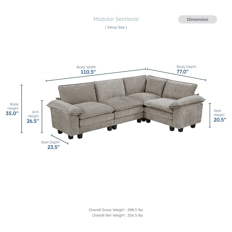 Terra Chenille 4-Piece Modular Sectional Sofa - Wood Finish Feet