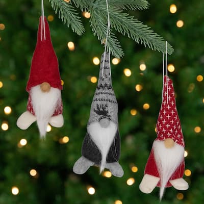 Set of 3 Red and Green Santa Gnome Christmas Ornament 4.25"