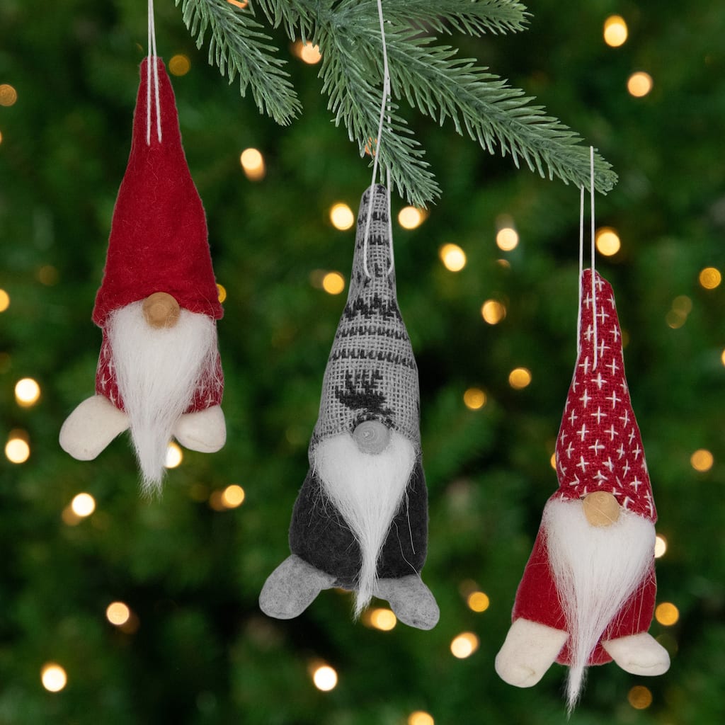 Set of 3 Red and Green Santa Gnome Christmas Ornament 4.25"