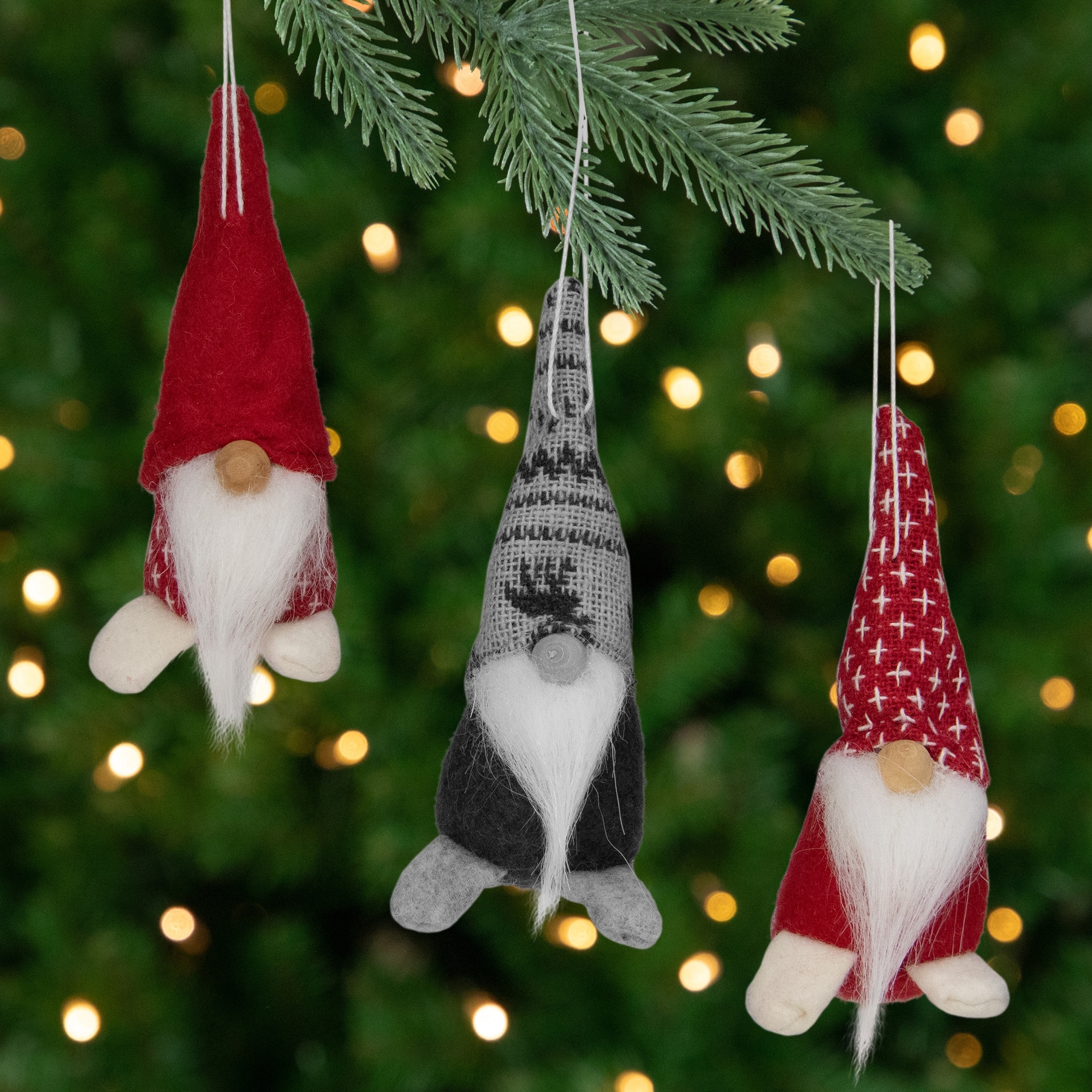 Set of 3 Red and Green Santa Gnome Christmas Ornament 4.25"