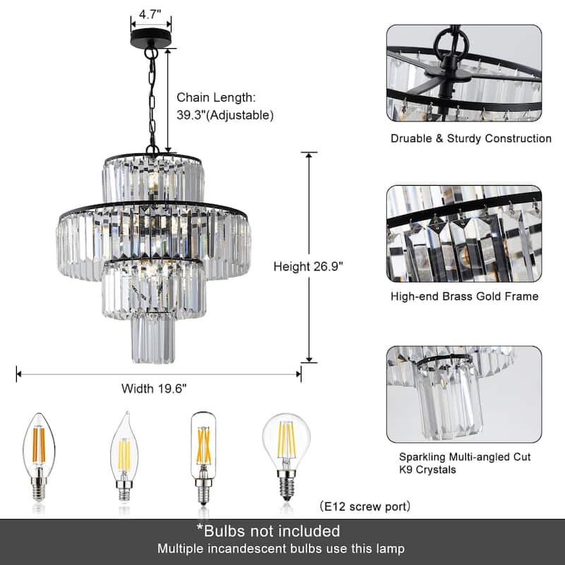 Luxury 19.7 Inch Crystal Chandelier Lights in Black Adjustable Height