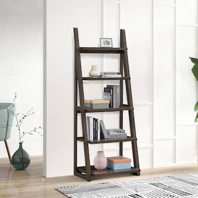 5-Tier Shelves,Bookshelf, Storage Rack, Bookcase with Rubber Wood Frame, Ladder Shelf
