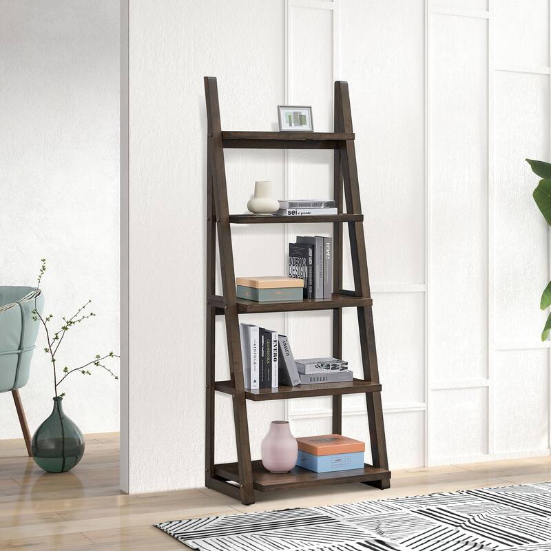 Anmytek Rustic Brown 5-Tier Ladder Shelf Rubber Wood Frame Storage Bookcase for Home Office Living Room Kitchen Bedroom - Rustic Brown