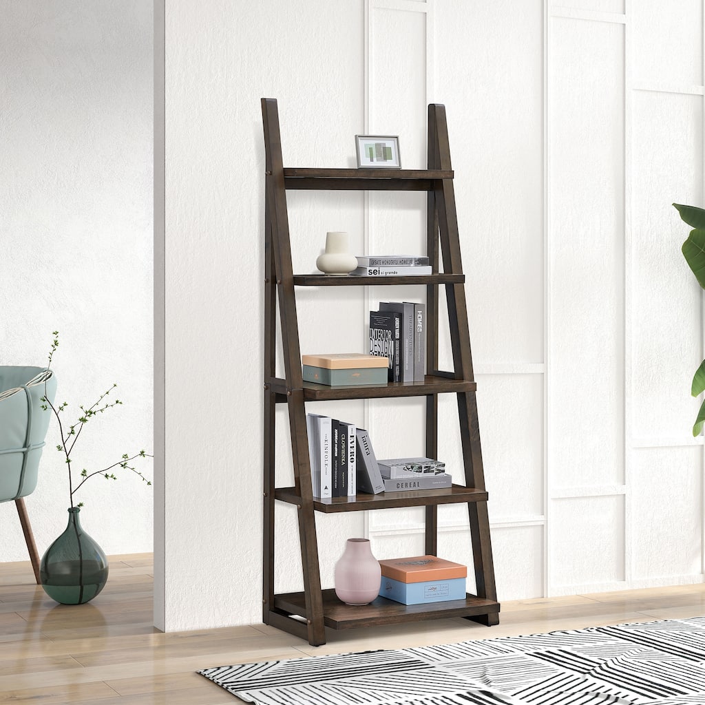 GDF Studio - Modern 5-Tier Ladder Bookshelf with Solid Rubber Wood Frame and MDF Shelves