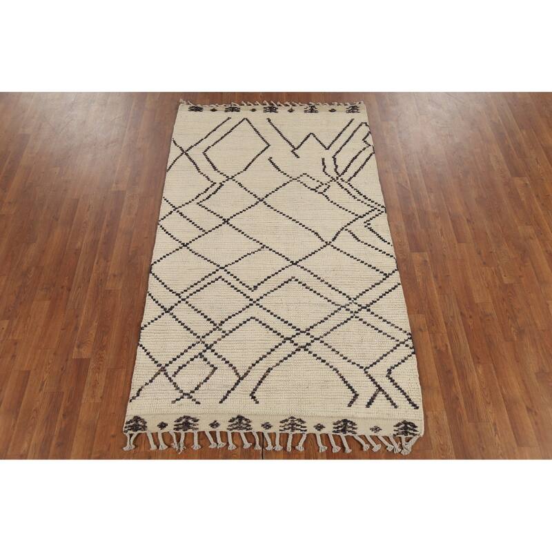 Ivory Striped Moroccan Oriental Rug Hand-Knotted Wool Carpet - 3'11"x 6'8"