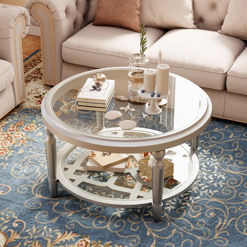 COSIEST Champagne Round Solid Wood Tempered Glass Coffee Table