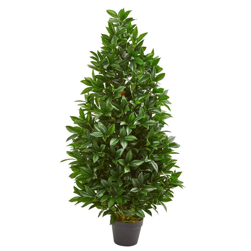 Artificial Topiary Tree 4Ft - Indoor Outdoor Bay Leaf Bush, Green Foliage Decor
