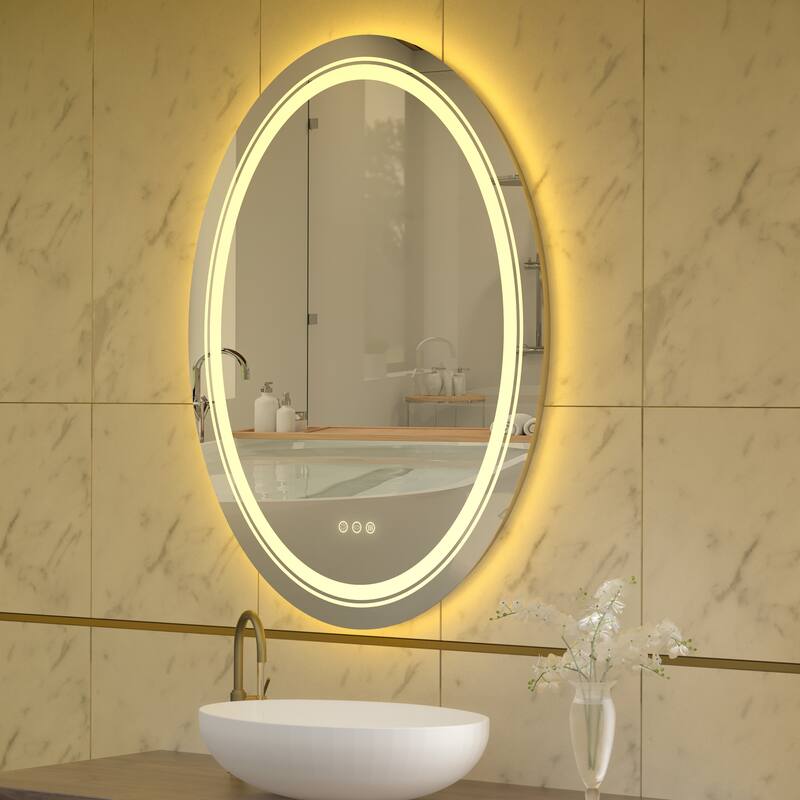 Frameless Oval Wall Mounted LED Bathroom Mirror Anti-Fog Memory - 20X28 Inch