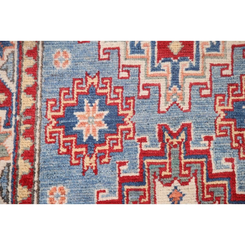 Light Blue Geometric Kazak Accent Rug Hand-Knotted Wool Carpet - 2'7" x 6'4"