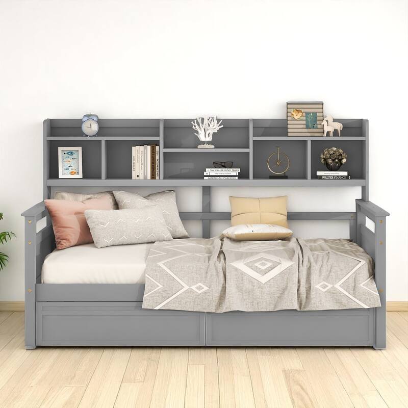 Wooden Twin/Full Daybed with 2 Storage Drawers and Bedside Shelves, No Box Spring Needed, Modern Design