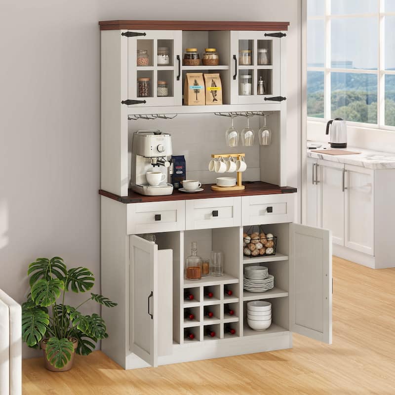 72" Pantry Buffet with Hutch Freestanding Kitchen Storage Cabinet - White
