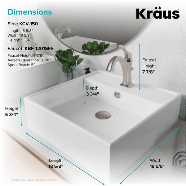 dimension image slide 1 of 4, Kraus 3-in-1 Set White Square Ceramic Vessel Sink Arlo Faucet w/ Drain