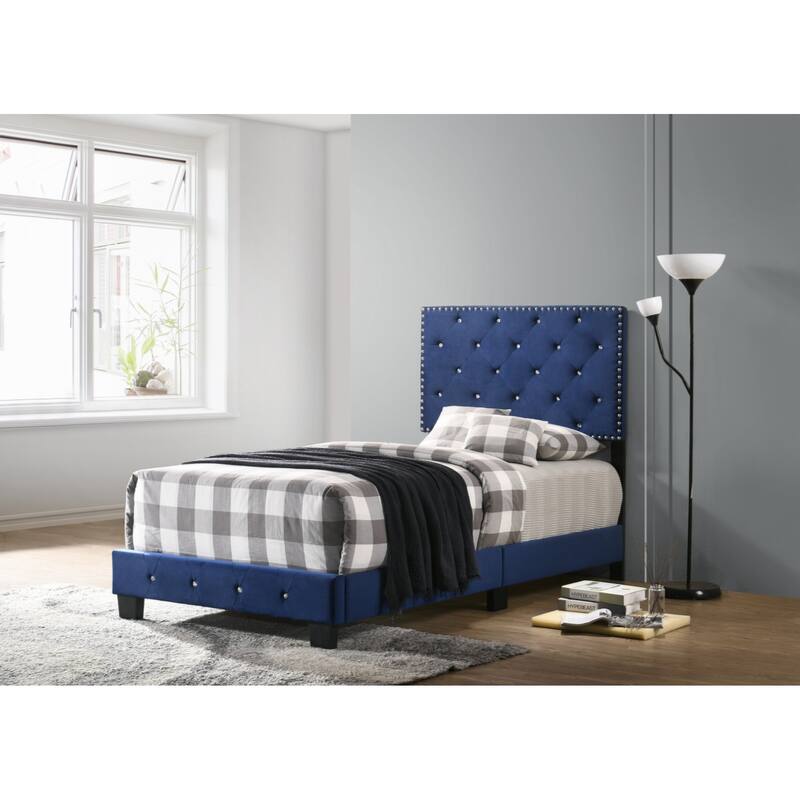 Navy Blue Velvet Platform Bed with Nailhead Trim, Twin Size - Navy Blue