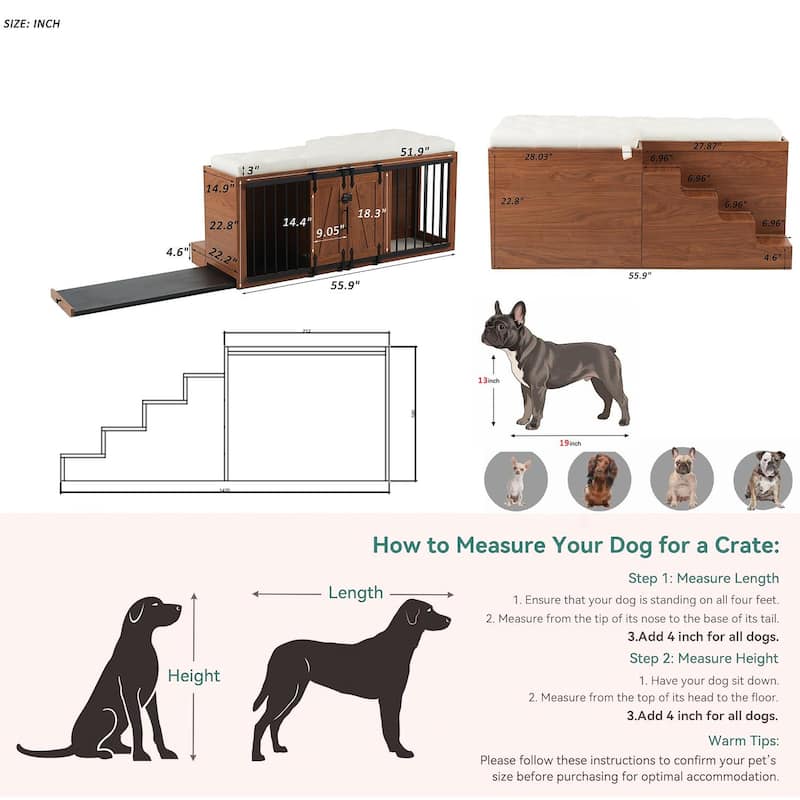 56" Wooden Dog Kennel with Designed Pet Stairs, Sliding Barn Door, Removable Cushion