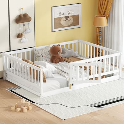 Full Size Pine Wood Floor Panel Bed with 7-Slat Support and Safety Fence and Removable Door Included