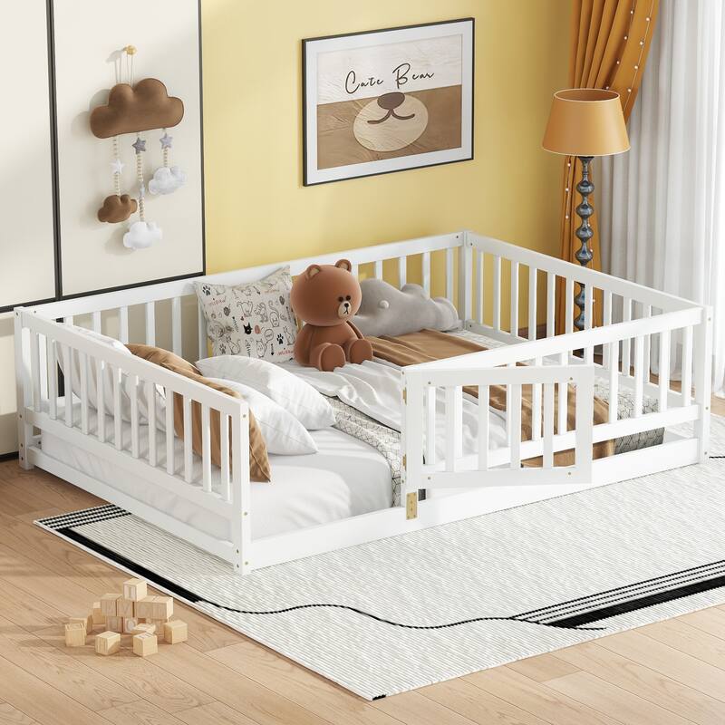 Kids Montessori Floor Bed for Kids, Girls, Boys, Solid Wood Floor Bed Frame with Fence and Door, No Box Spring Needed