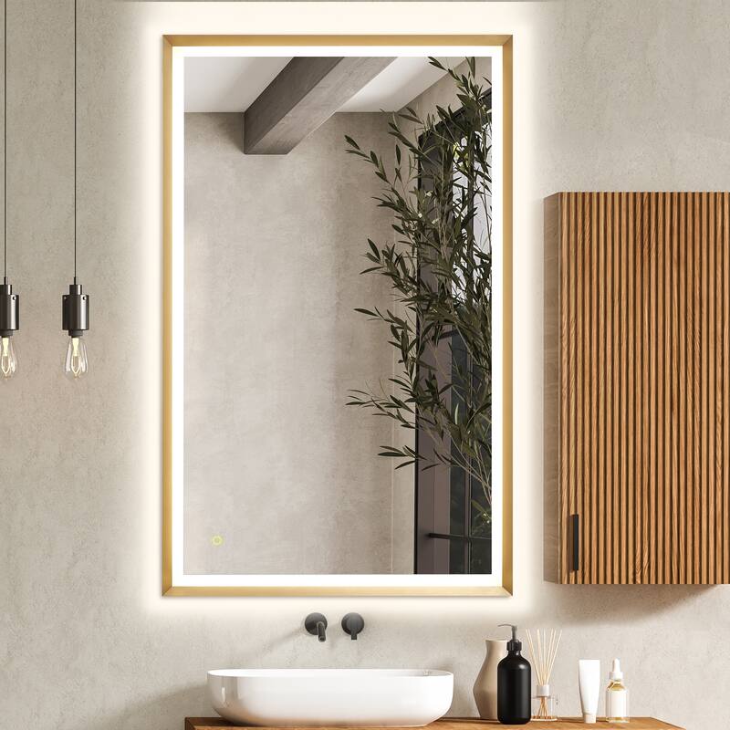 Apollo Rectangular Anti-Fog Dimmable Modern Bathroom/Vanity LED Lighted Wall Mirror in Brushed Gold Aluminum Framed