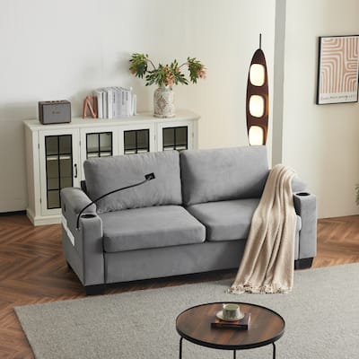 Chenille Pull-Out Queen Sofa Bed with USB Charging & Mobile Phone Holder