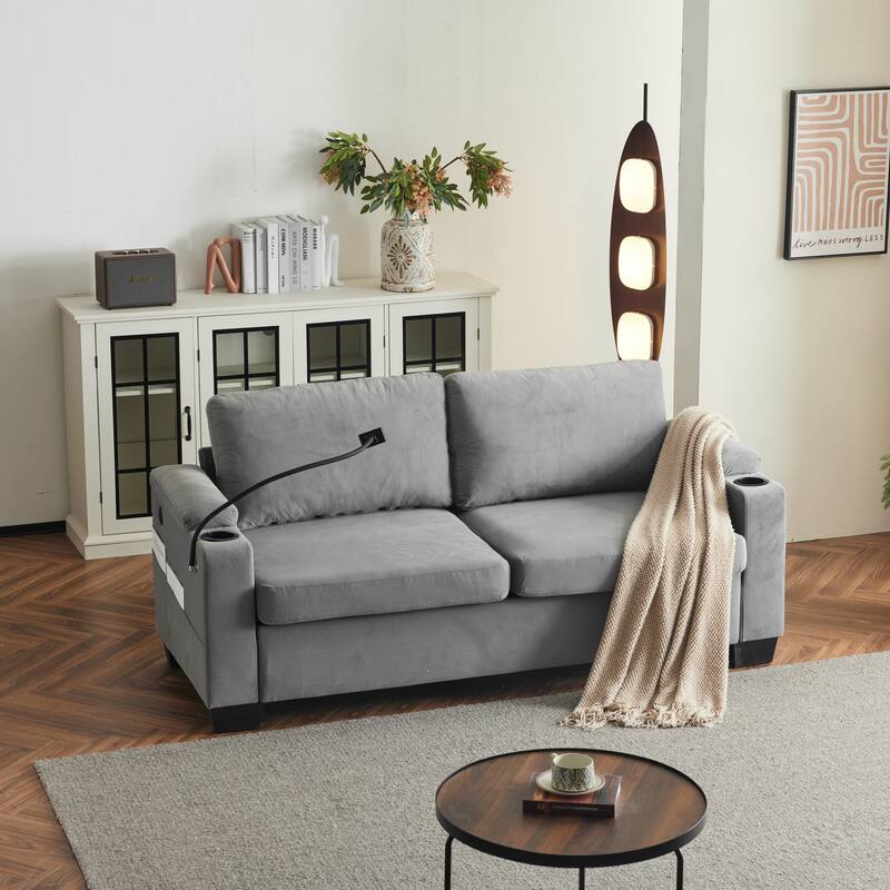 Pull-Out Queen Sofa Bed 73.63" with Memory Foam Mattress, Cup Holders, USB Ports, and Storage Pockets for Small Spaces - Grey