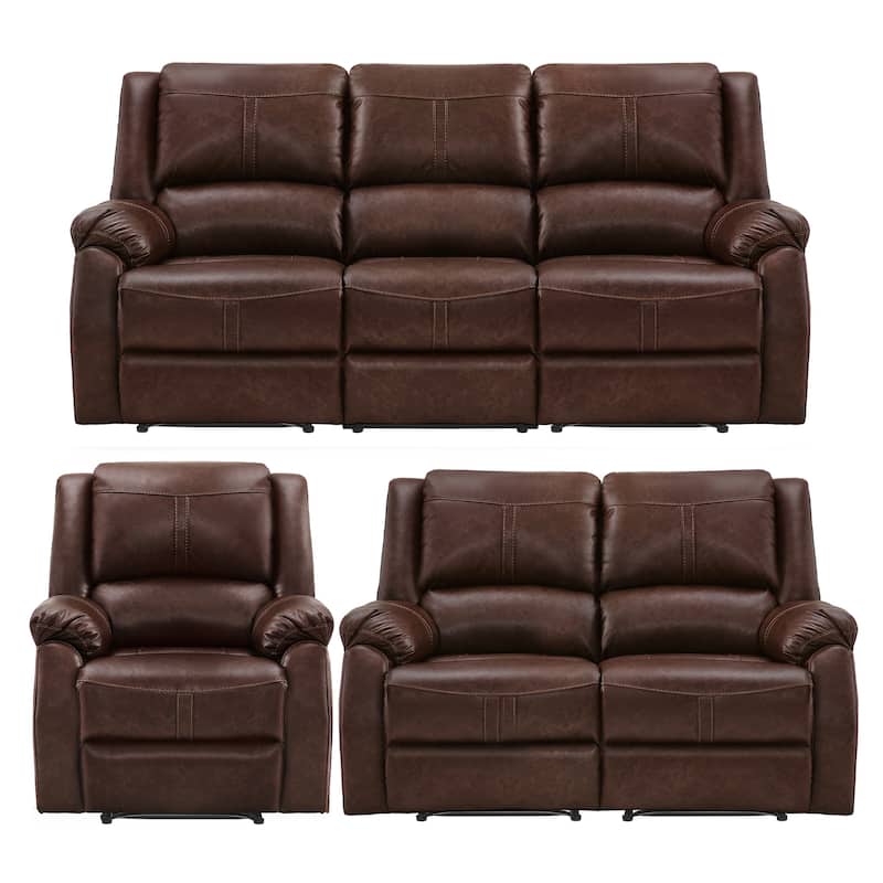 Manual 3-Piece Recliner Sofa Set, Modern Faux Leather Recliner Sofa, 3 Piece Couch Sets For Living Room