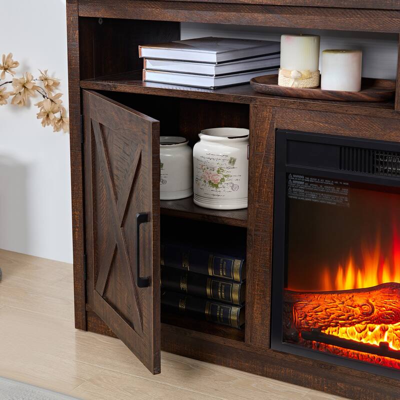 Farmhouse TV Media Stand, Large Barn Inspired Home Entertainment Console, with 18" Fireplace Insert, for TV Up to 65'', with Ope