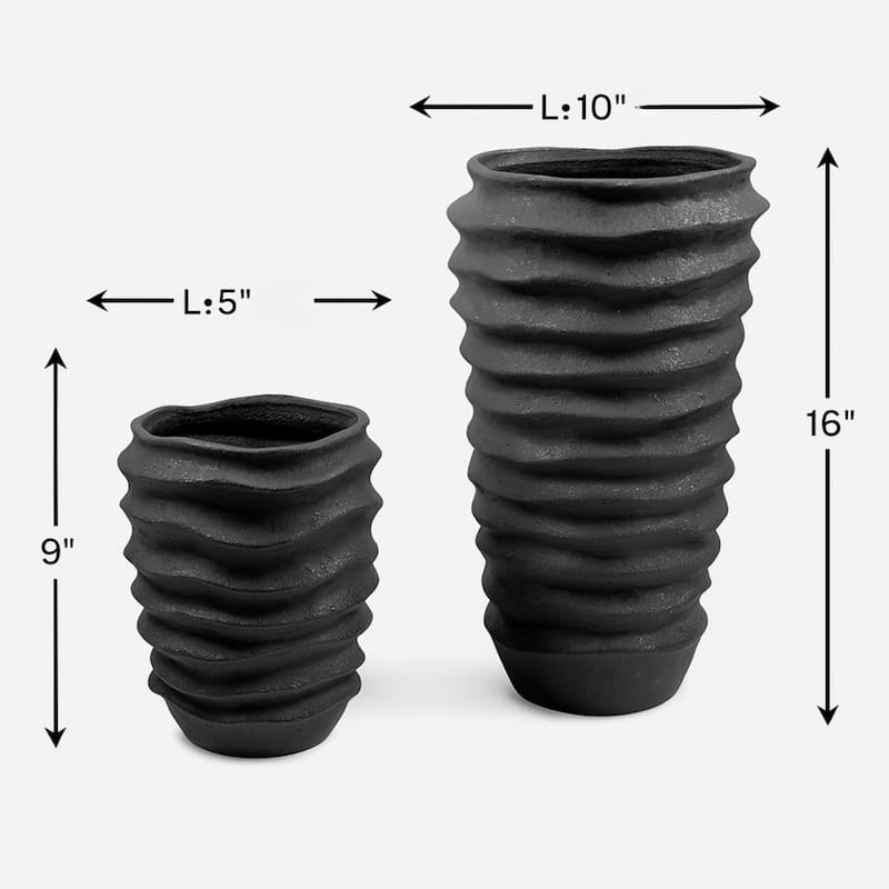 Aria Home Black Ceramic Vase Set of 2 with Large Cylindrical Design