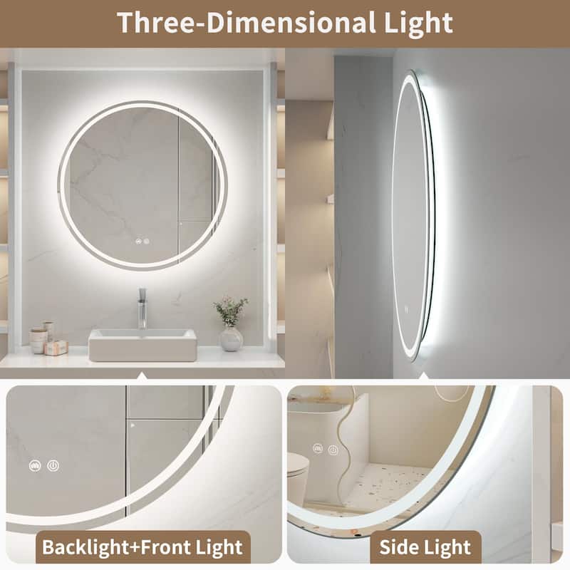 Circular LED Anti-Fog Mirror for Bathroom, Three-Color Lighting Adjustable