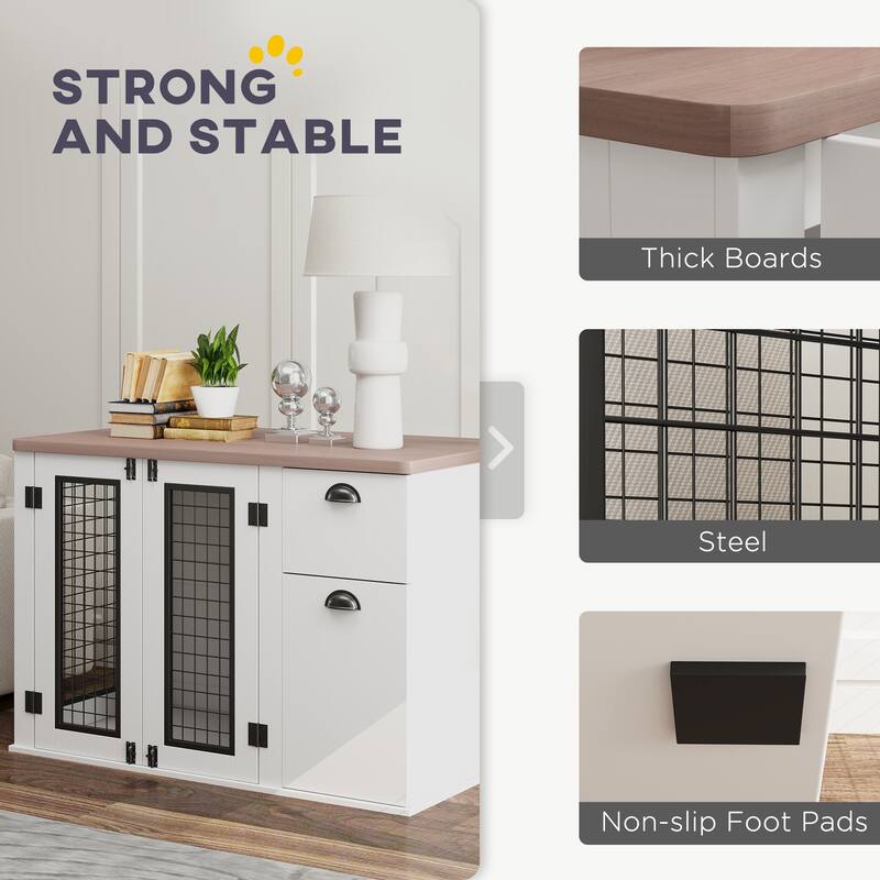 PawHut Dog Crate Furniture, 44" Dog Kennel Furniture End Table with Double Door, Storage, Drawer, Indoor Furniture, White