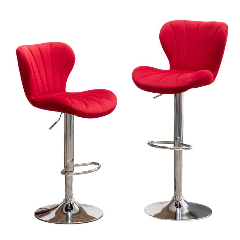 Velvet Upholstered Adjustable Swivel Barstools Set of 2 w/Footrest, Metal Pedestal for Bar, Kitchen Island, Dining Room, Brown