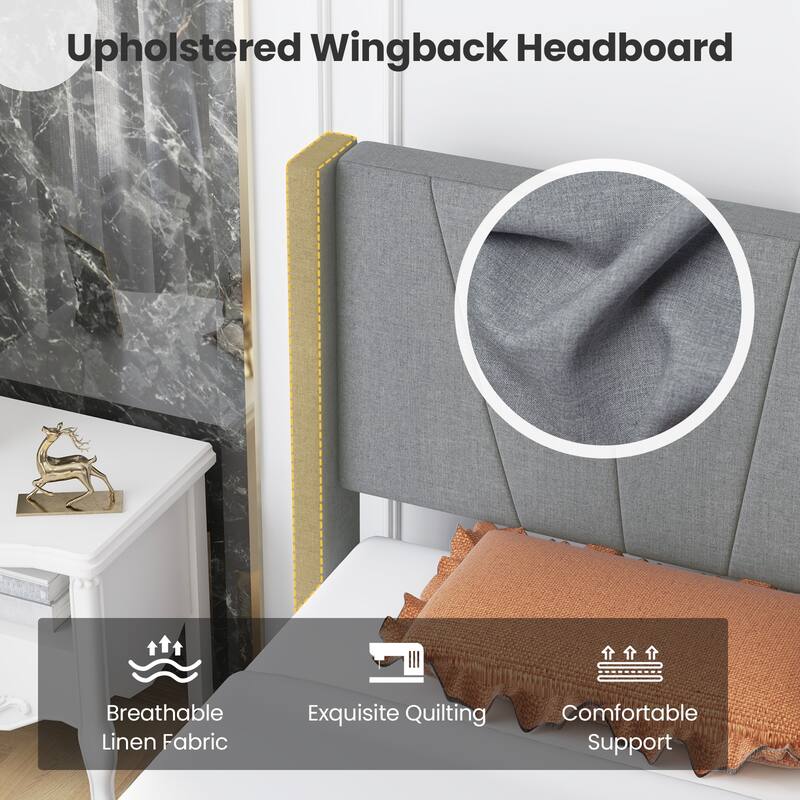 Bed Frame with Linen Upholstered Wingback Headboard