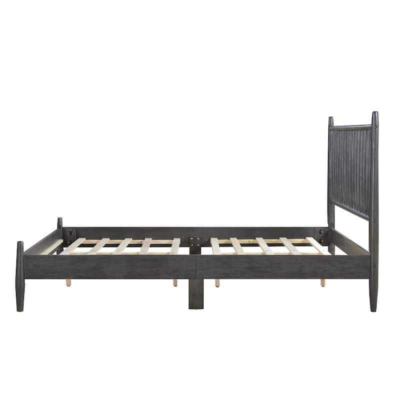 Full Size Wood Platform Bed with Vertical Slat Headboard and Mid-Century Design