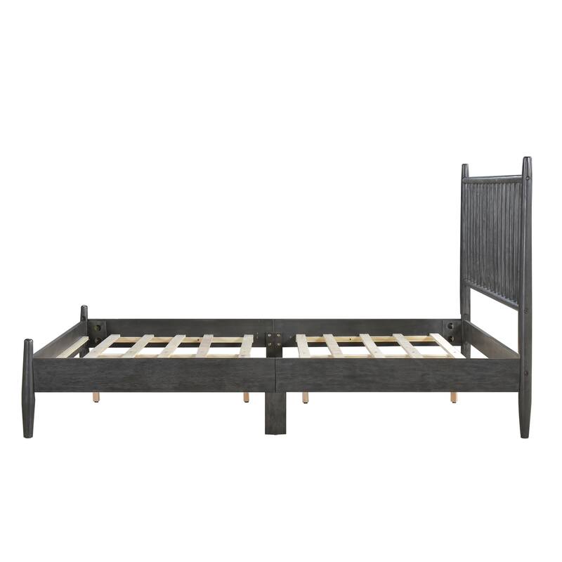 Mid-Century Modern Design Queen Platform Bed 1pc Gray Finish Wooden Bedroom Furniture Vertical Slats Headboard, Bed in a Box