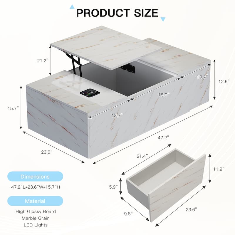 Pocassy 47.2" Lift Top Coffee Tables with Drawers and Large Storage