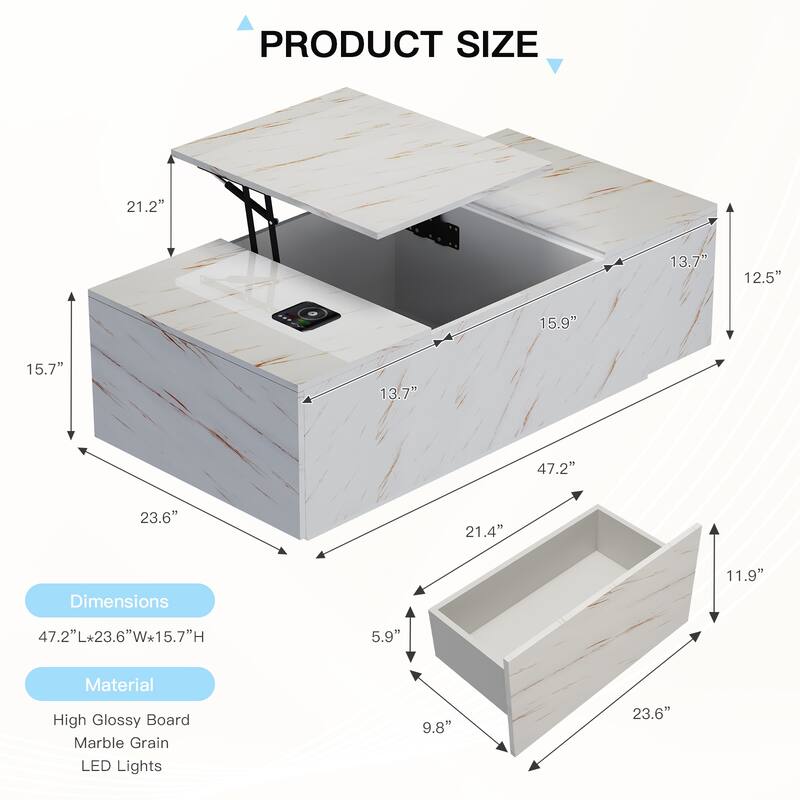 Pocassy LED Coffee Table 47.2" Coffee Tables with Storage Shelf