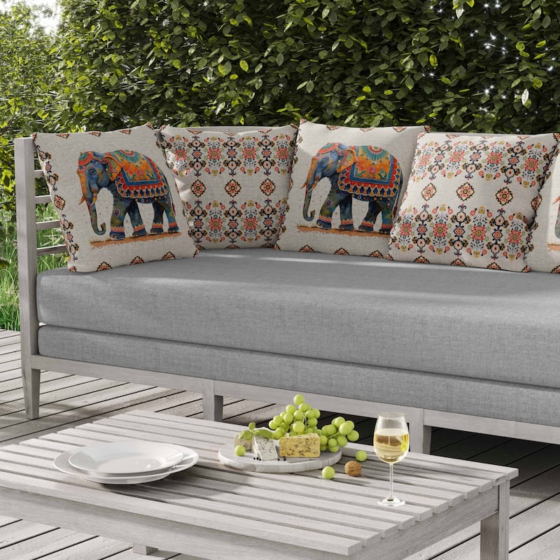 Decorated Elephant Indoor/Outdoor Reversible Throw Pillow Beige and Blue