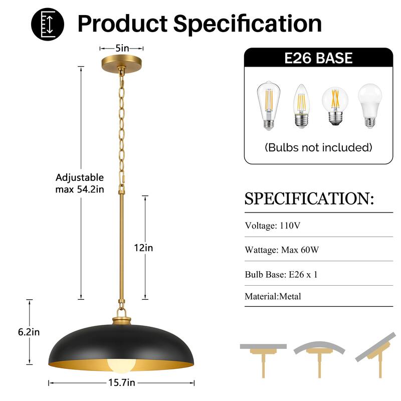 1 -Light Farmhouse Metal Dome 15.7inch Kitchen Hanging Pendant Light