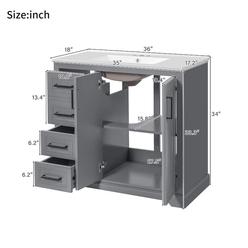 36" Modern Bathroom Vanity with Ceramic Sink, Soft-Close Door, Adjustable Shelf & 3 Drawers, Ample Storage.