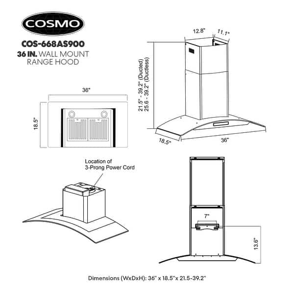 dimension image slide 1 of 2, Cosmo COS-668AS Wall Mount Range Hood With Touch Controls