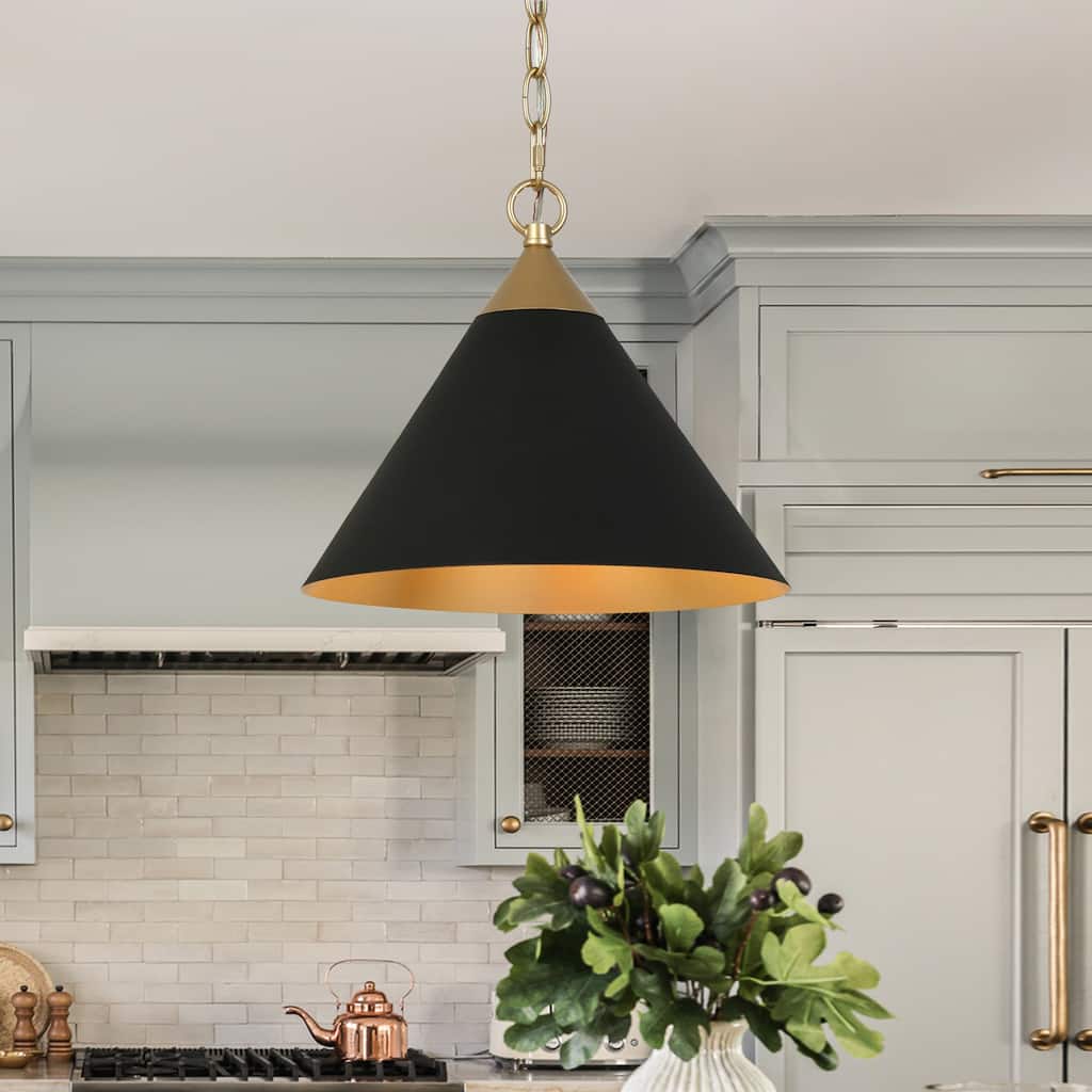 Modern Farmhouse 1-light Black Gold Pendant with Metal Cone Shade Kitchen Islands Lights for Dining Room - 11.8 " × 10 "