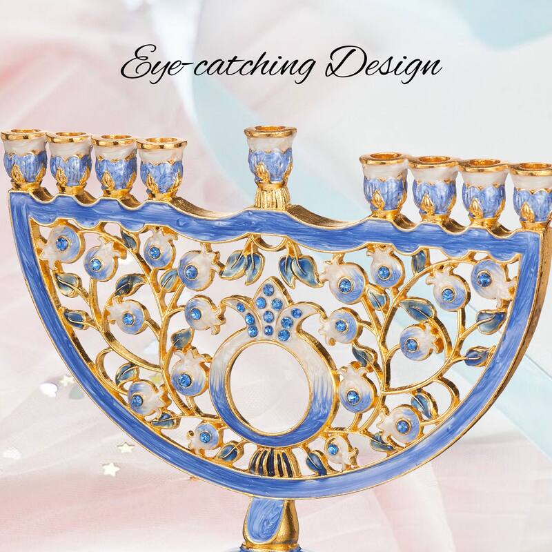 Hand Painted Blue Enamel Pomegranate Design Menorah Candelabra