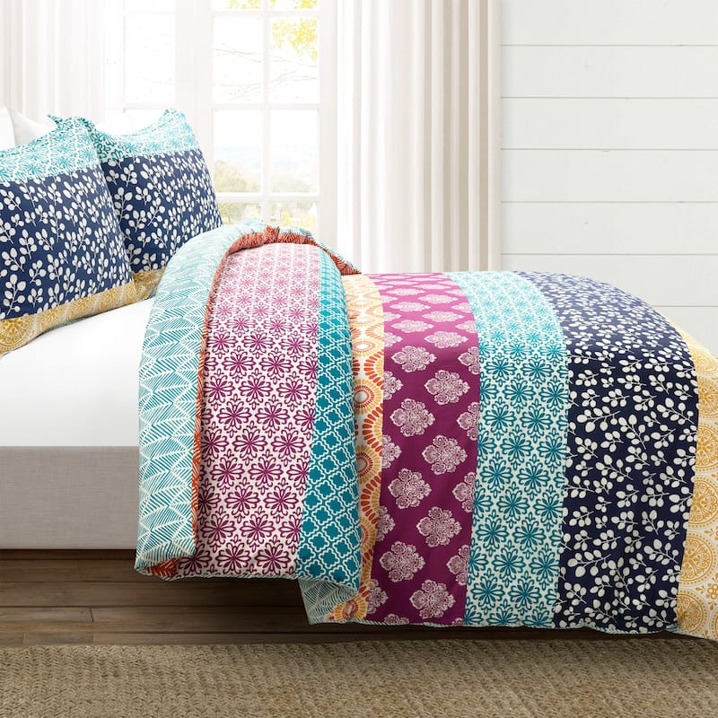Lush Decor Bohemian Stripe Reversible 3 Piece Cotton Duvet Set - Fuchsia & Orange - King