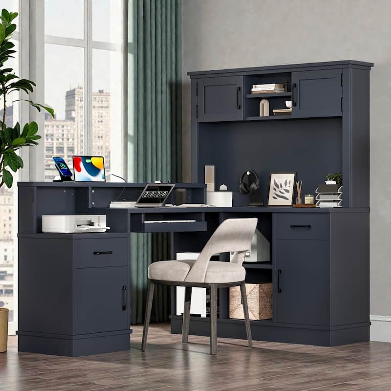 L Shaped Computer Desk with Power Outlet, Corner Desk with Drawers Bookshelf and Storage for Home Office Study