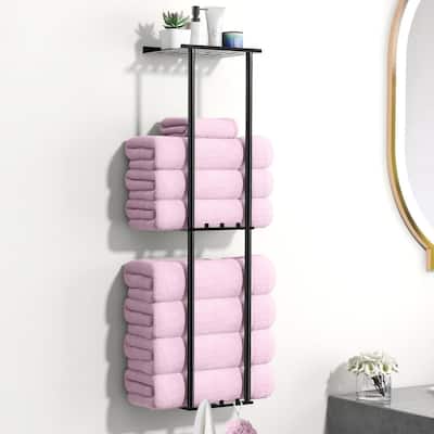 Wall-mounted towel rack with 6 hooks, 3 shelves