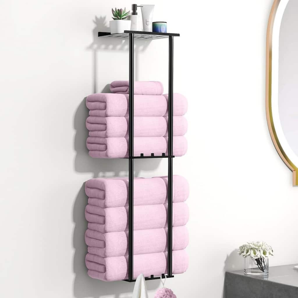 Wall-mounted towel rack with 6 hooks, 3 shelves