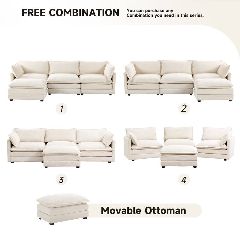 3-Seat Corduroy Modular Sofa with an Independent Removable Ottoman for Living Room or Business