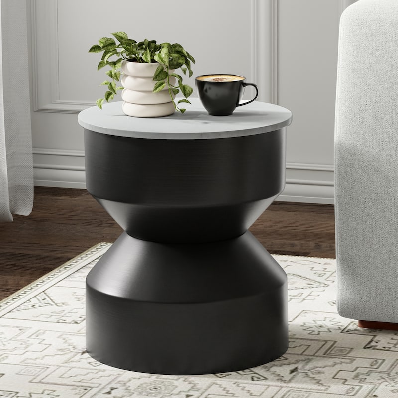 WYNDENHALL Dolly 16" Wide Genuine Marble Top Modern Metal End Table in Black/White & Assembled - Black/White