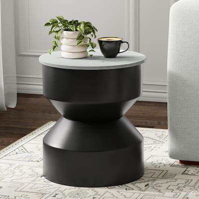 WYNDENHALL Dolly 16" Wide Genuine Marble Top Modern Metal End Table in Black/White & Assembled