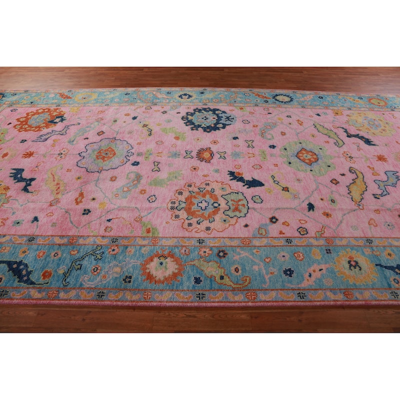Pink Blue Floral Oushak Indian Large Rug Handmade Wool Carpet - 7'11" x 16'0"