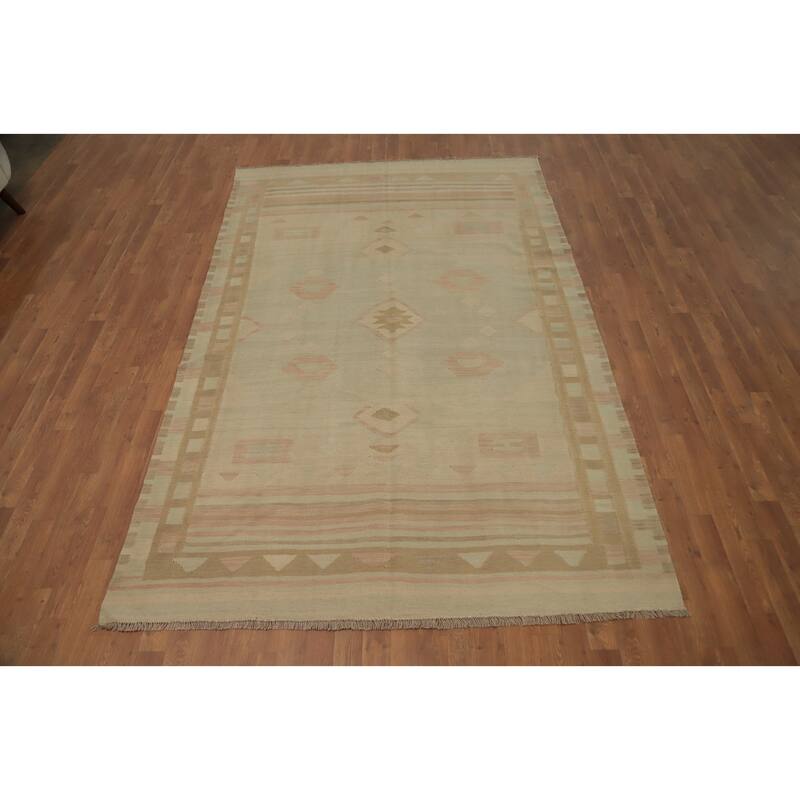 Hand Woven Oriental 100% Wool Carpet Southwestern Tribal Green Kilim Area Rug - 9' 3'' X 6' 0''