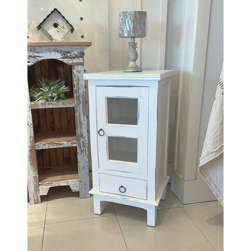 One Door End Table Solid Wood Nightstand - Fully Assembled Distressed White Accent Table - 36